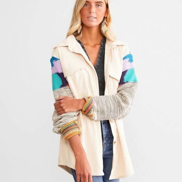 A. Peach Size Small Yellow Tan Corduroy and Multi Colored Sweater Shacket - Picture 12 of 14